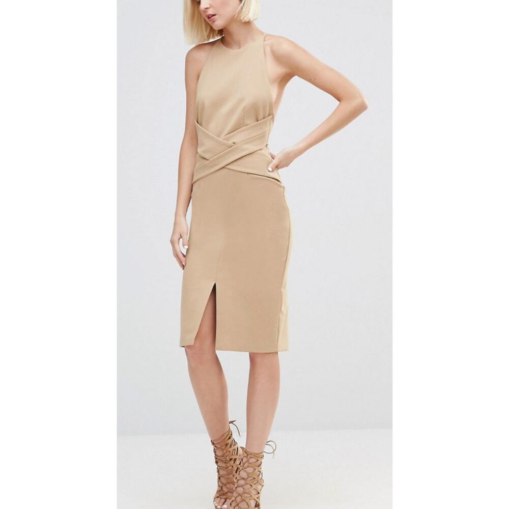 LAVISH ALICE Tan Wrap Front Plunge Back Mini Dress Size US 6